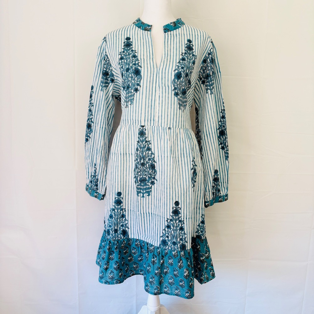 Liza Byrd Tunic Dress Block Floral Stripe Medium Teal Louisa Cottagecore Tiered